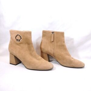 Kate Spade Alihandra Tan Suede Ankle Boots; Block Heel Spade Logo